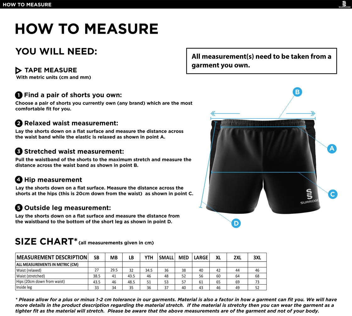 Clydach CC - Dual Shorts - Size Guide