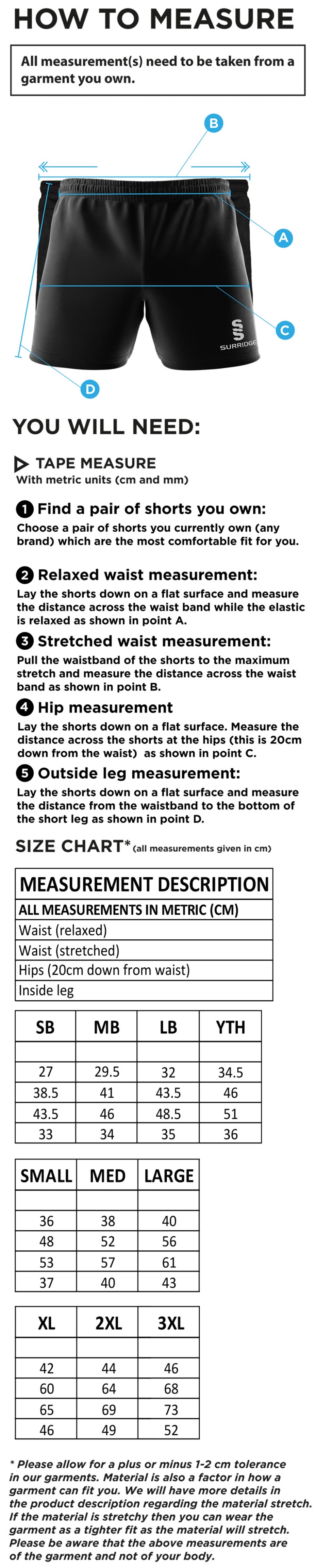Clydach CC - Dual Shorts - Size Guide
