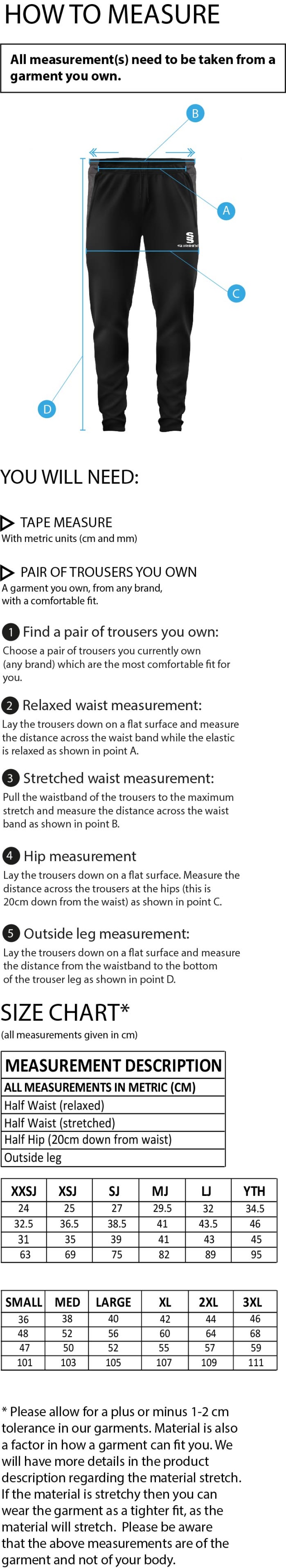 Clydach CC - Dual Tek Skinny Pants - Size Guide