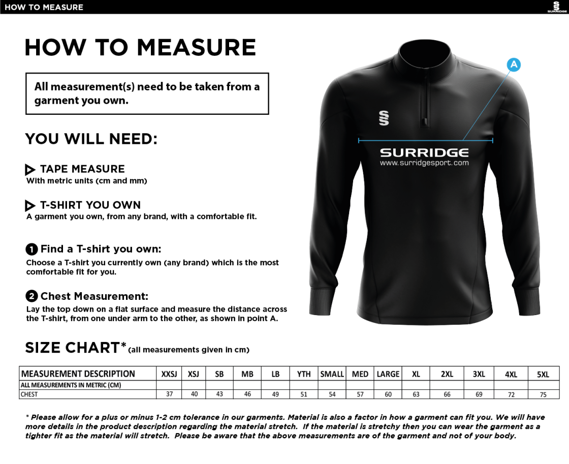 Clydach CC - Dual Midlayer - Size Guide
