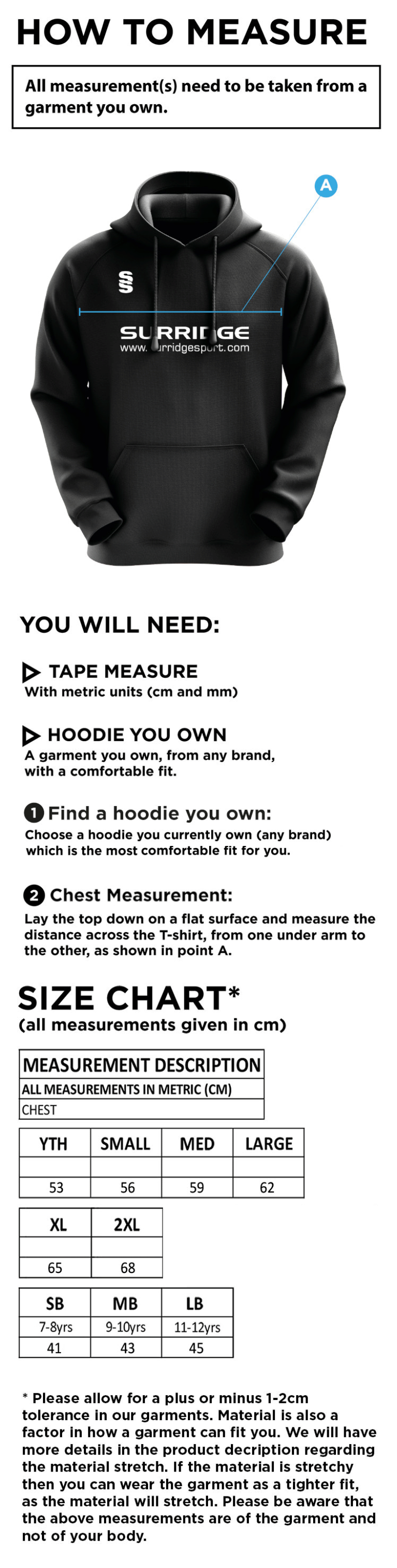 Clydach CC - Blade Hoody - Size Guide