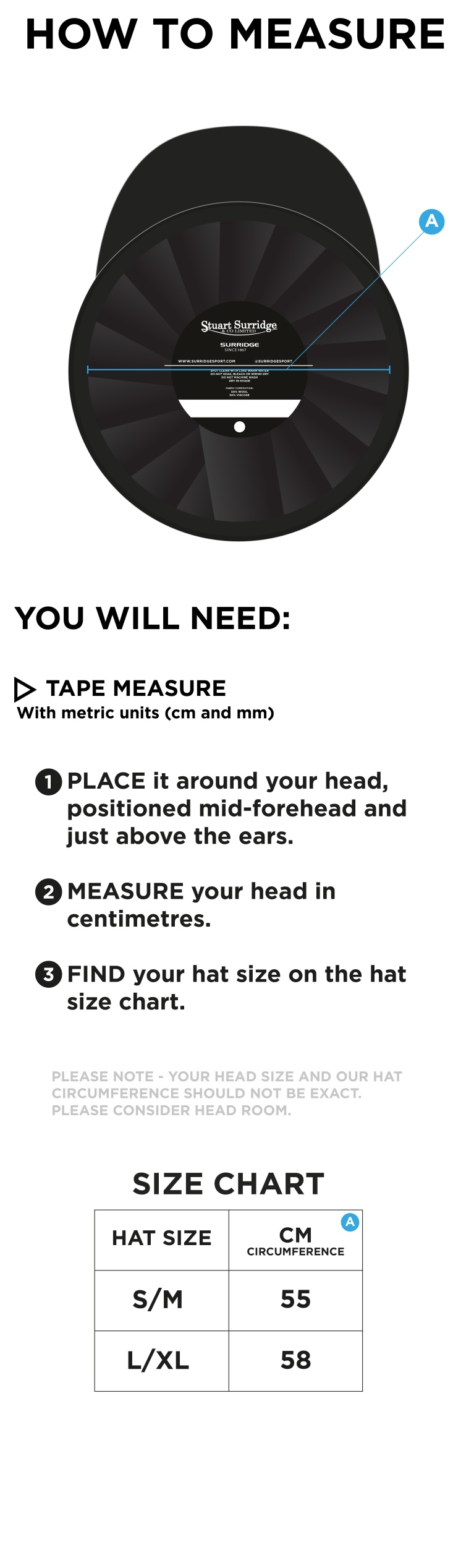 Clydach CC - Baggy Cricket Cap - Size Guide