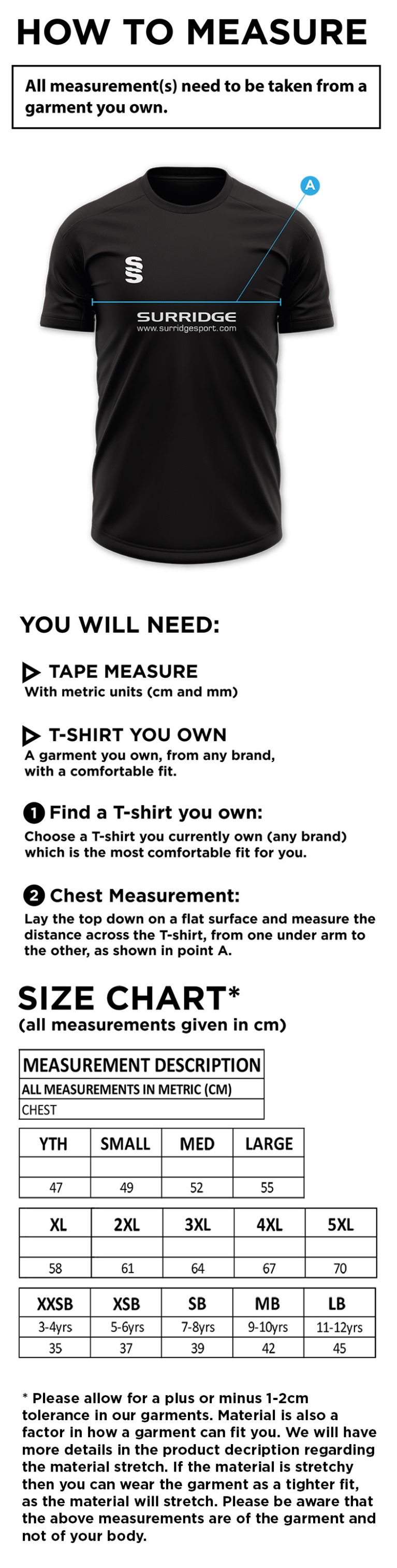 Clydach CC - Dual Gym Shirt - Size Guide