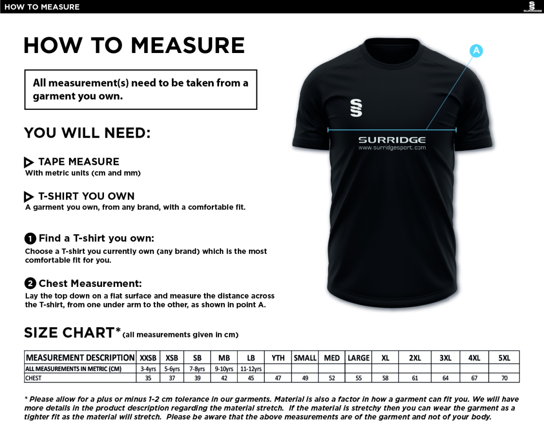 Clydach CC - Dual Gym Shirt - Size Guide
