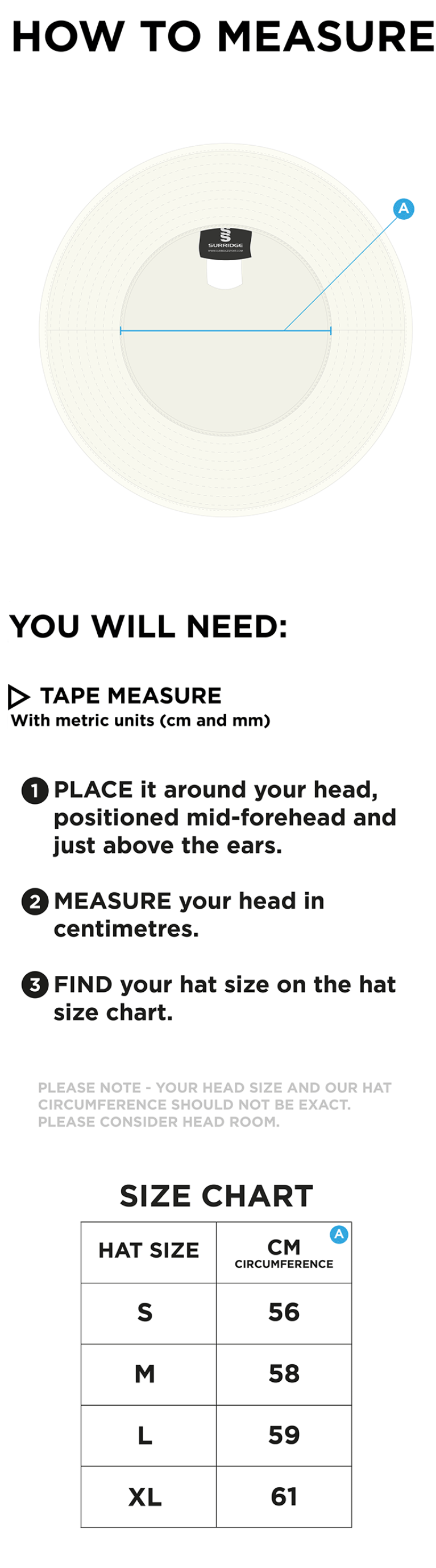 Clydach CC - Floppy Hat - Size Guide