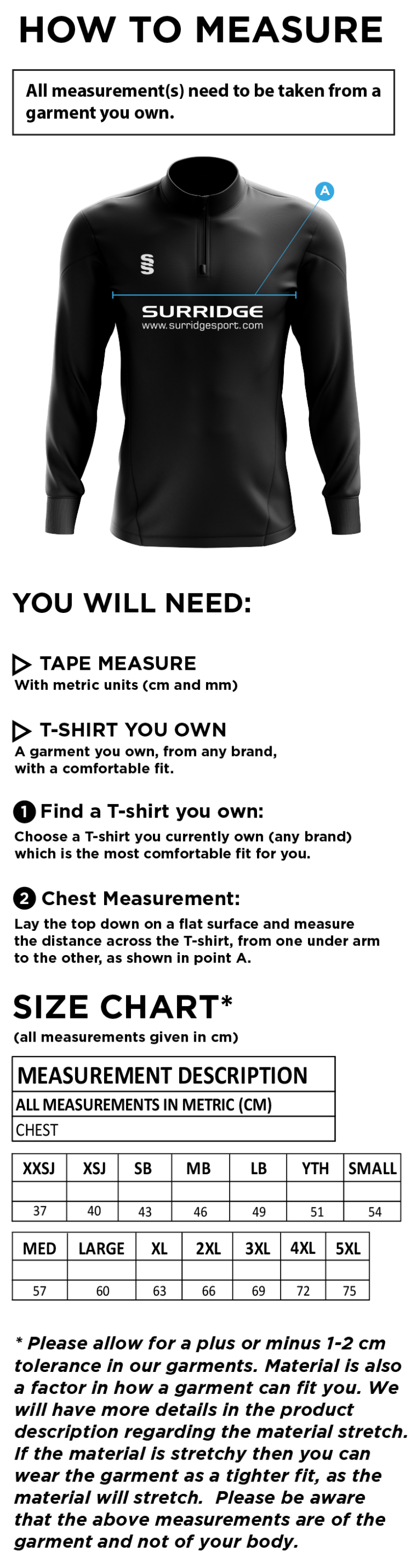 Clydach CC - Dual Midlayer - Size Guide